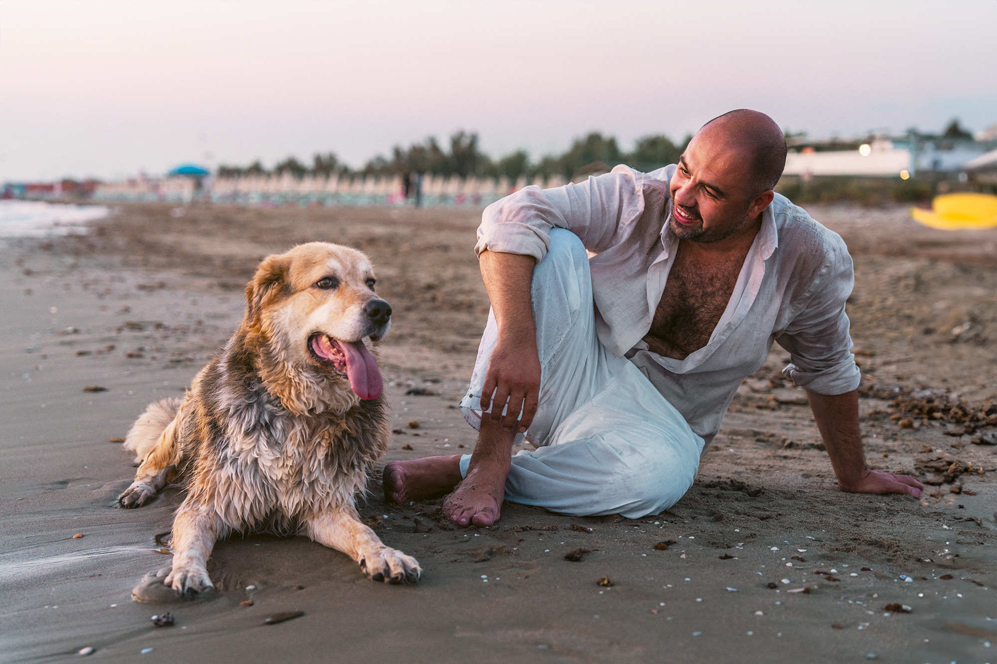 Couple shooting tirrenia beach cane dog spiaggia photography sunset colors pink orange